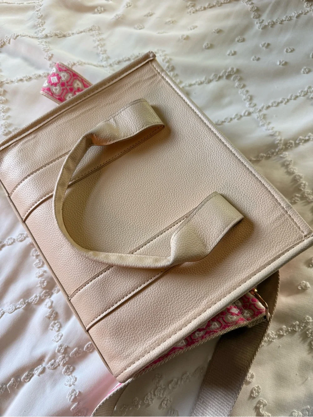 THE TOTE BAG Beige Women's Structured Tote with Pink Strap